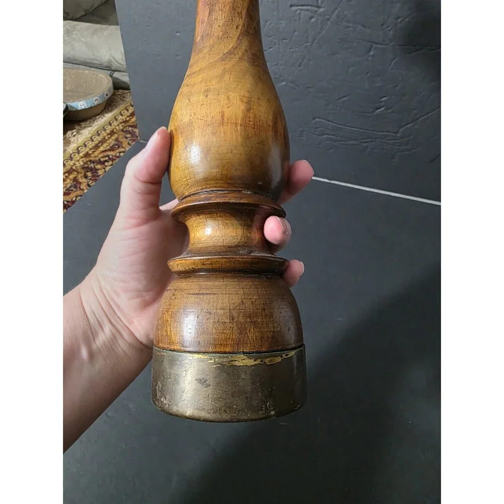 Mid Century Italian Turned Wood Pepper Mill Grinder Brass Trim 14 Inch Tall